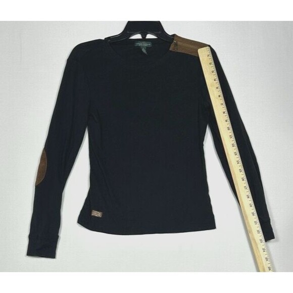 LRL Lauren Jeans Womens Medium Black Shirt Brown Faux Accents Elbows - Picture 3 of 7